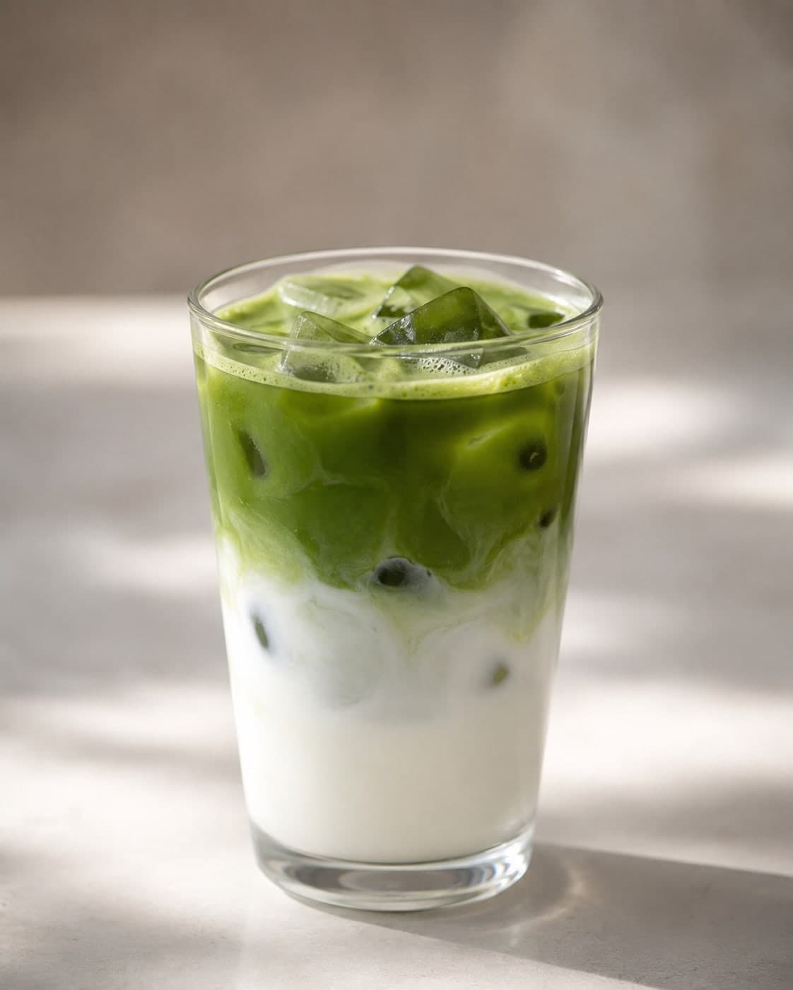Mrożona matcha z mlekiem w wysokiej szklance, z pudrem matchy na wierzchu i pianą osiadającą przy krawędzi.