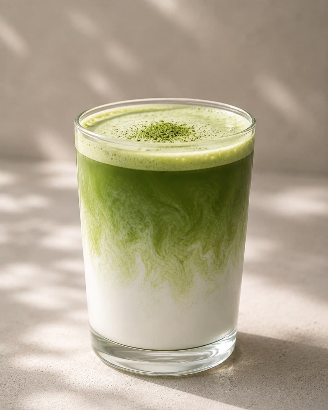 Matcha latte w wysokiej szklance, z pudrem matchy na wierzchu i pianą osiadającą przy krawędzi.
