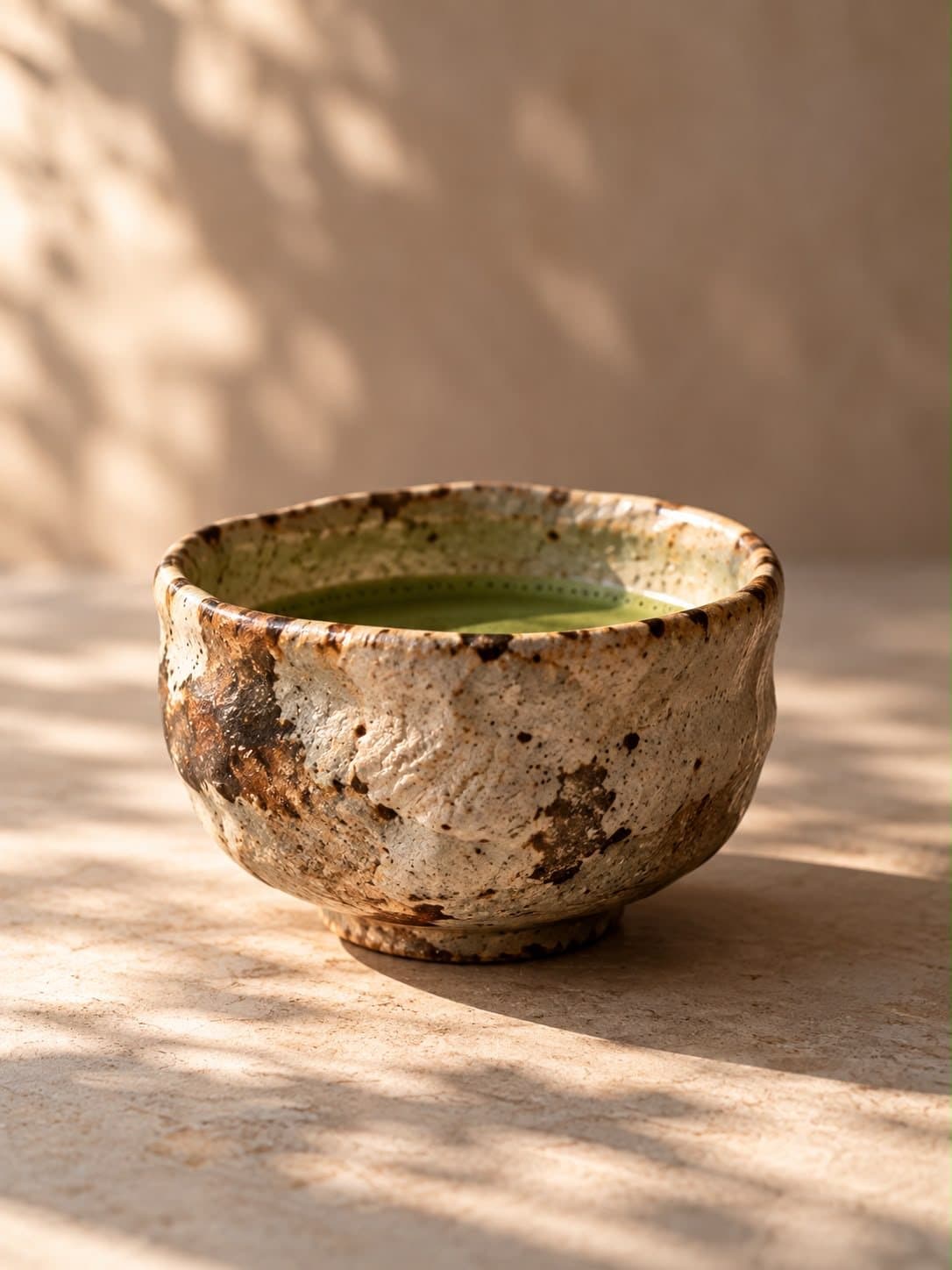 Ręcznie szkliwiony ceramiczny chawan, łapiący miękkie światło wzdłuż brzegu.